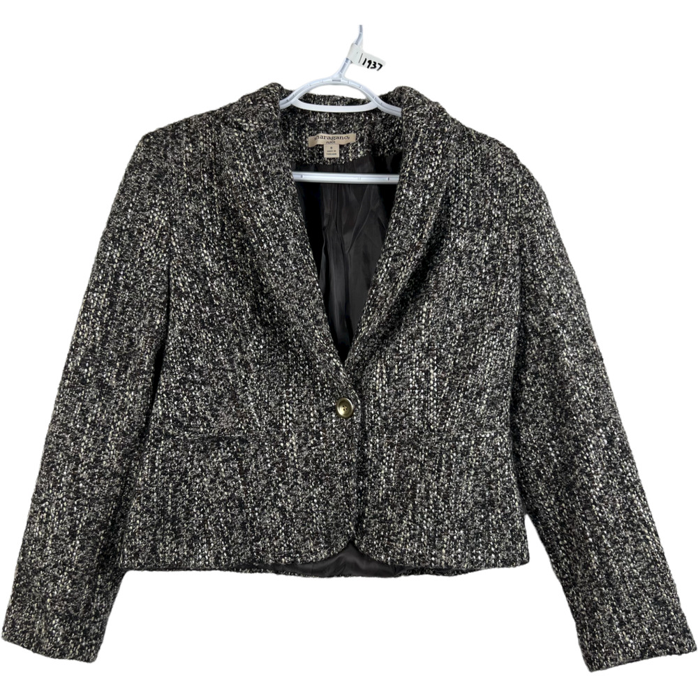 Sharagano long slv jacket single button lined gray/eggplant Wool blnd tweed sz 8